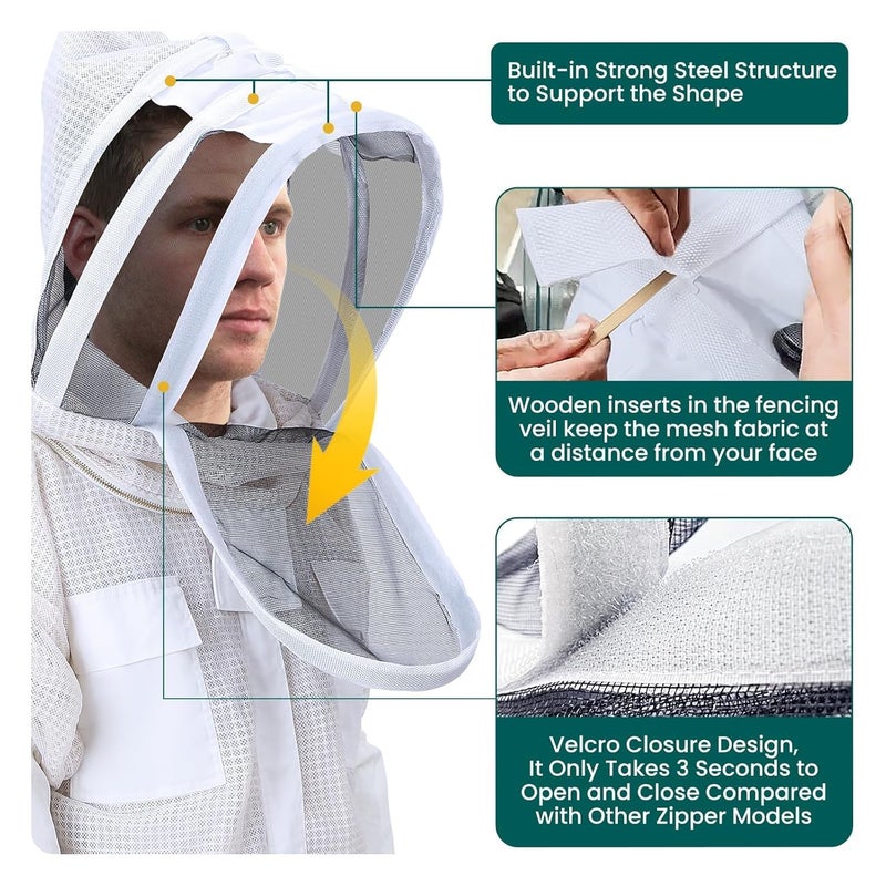 YORKING Ventilated Bee Suit, 3 Layer Bee Suit for Men Women, Sting Proof Protective Beekeeping Kit with Gloves, 2 Beekeeping Veils for Beekeepers - S - Image 4